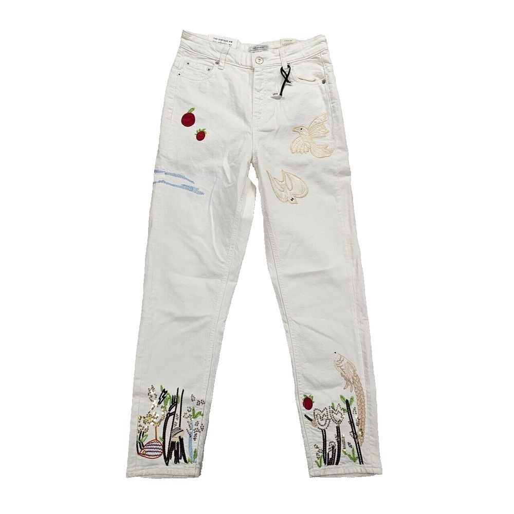 NWT Zara Jeans Womens 34 The Vintage HW Embroidery‎ Sequins Bling Mid Rise White